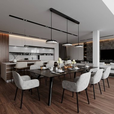 Oturma odasının, yemek odasının ve mutfağın 3 boyutlu görüntüsü. Şömine. İç Tasarım.