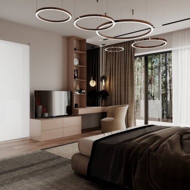 Modern bir yatak odasının 3 boyutlu görüntüsü. İç Tasarım.