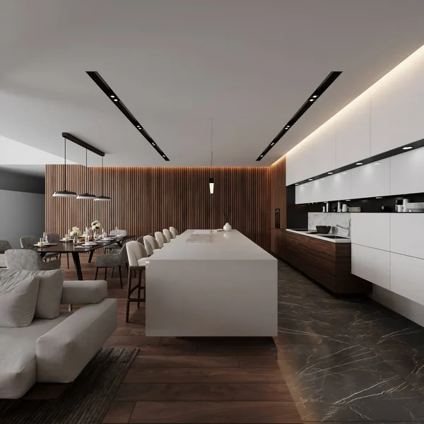 Visualización Del Interior Moderno Sala Estar Comedor Cocina Chimenea Diseño — Foto de Stock