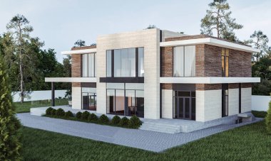 Garajlı modern bir evin 3 boyutlu görüntüsü. Panoramik pencereli ev