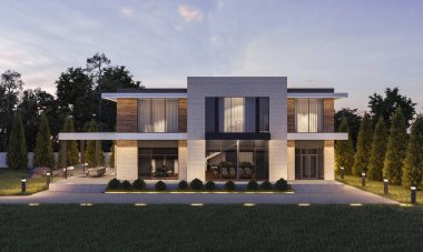 Garajlı modern bir evin 3 boyutlu görüntüsü. Panoramik pencereli ev