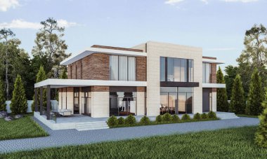 Garajlı modern bir evin 3 boyutlu görüntüsü. Panoramik pencereli ev