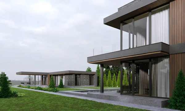 Garajlı modern bir evin 3 boyutlu görüntüsü. Panoramik pencereli ev. Göl evi