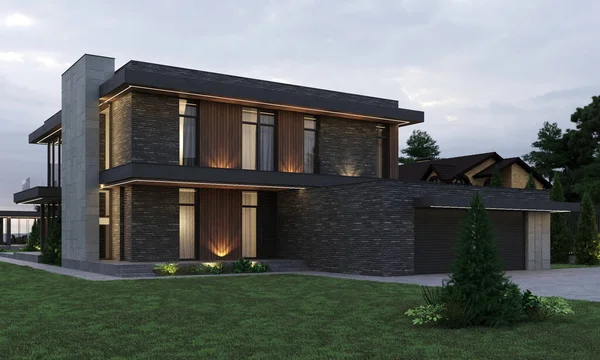 Rendering Eines Modernen Hauses Mit Carport Haus Mit Panorama Fenstern — Stockfoto