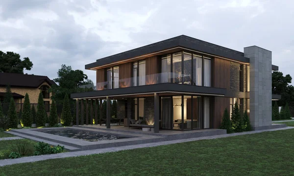 Rendering Eines Modernen Hauses Mit Carport Haus Mit Panorama Fenstern — Stockfoto