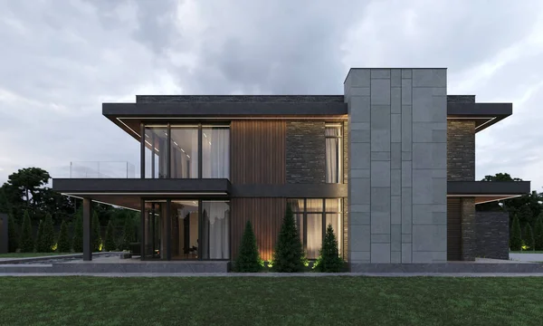 3D渲染现代化的带有车头的房子 有全景窗户的房子 湖畔别墅 — 图库照片