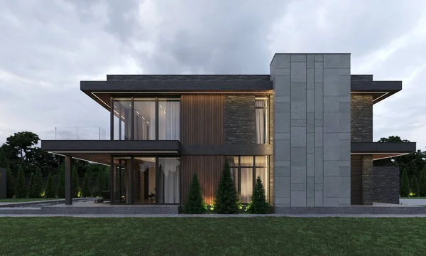 Garajlı modern bir evin 3 boyutlu görüntüsü. Panoramik pencereli ev. Göl evi