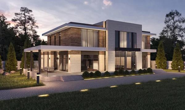 Garajlı modern bir evin 3 boyutlu görüntüsü. Panoramik pencereli ev