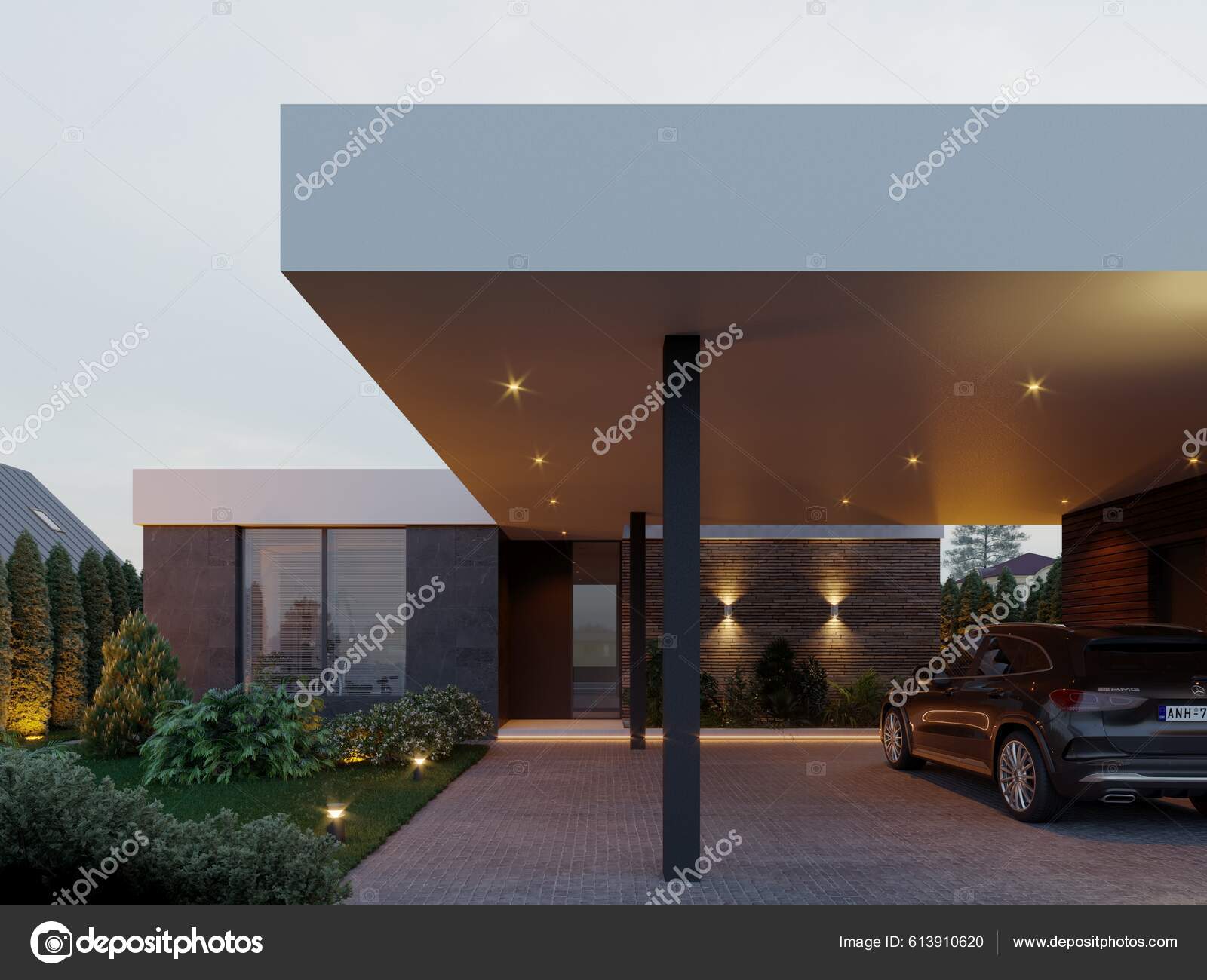 Visualização Uma Casa Moderna Com Quintal Uma Garagem Arquitetura Moderna —  Foto © House 3D #613910620, image size:1600x1300