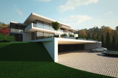 Kabartmada villanın 3 boyutlu görüntüsü var. Panoramik pencereli ve büyük teraslı bir ev. lüks mimari