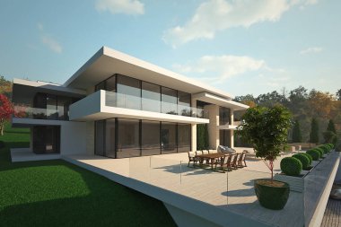 Kabartmada villanın 3 boyutlu görüntüsü var. Panoramik pencereli ve büyük teraslı bir ev. lüks mimari