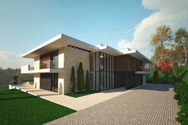 Kabartmada villanın 3 boyutlu görüntüsü var. Panoramik pencereli ve büyük teraslı bir ev. lüks mimari