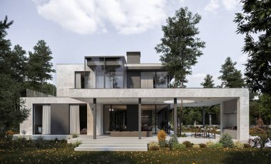 Panoramik pencereli lüks bir evin 3 boyutlu görüntüsü. Modern ev mimarisi