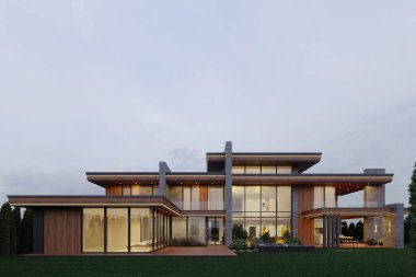 Geniş teraslı, modern bir villanın 3 boyutlu görüntüsü. lüks mimari