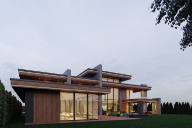 Geniş teraslı, modern bir villanın 3 boyutlu görüntüsü. lüks mimari