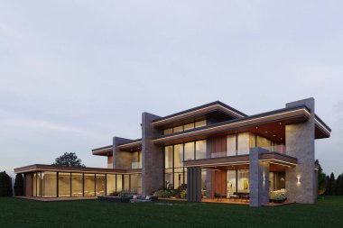 Geniş teraslı, modern bir villanın 3 boyutlu görüntüsü. lüks mimari