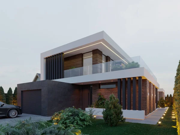 Bahçesi ve garajı olan modern bir evin 3 boyutlu görüntüsü. Modern mimari