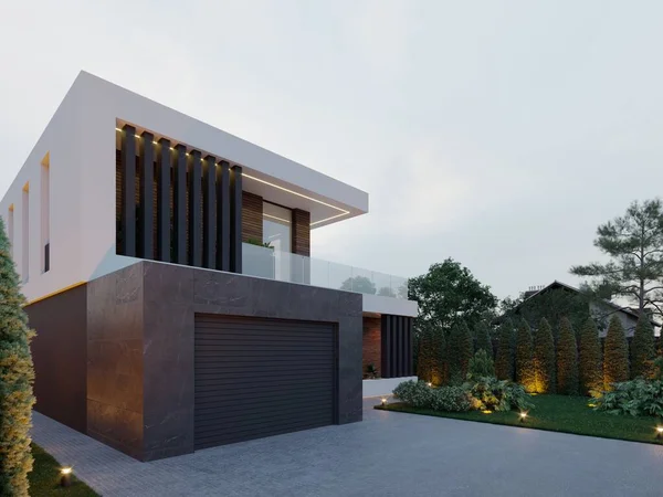 3D visualization of a modern house with a yard and a carport. Modern architecture