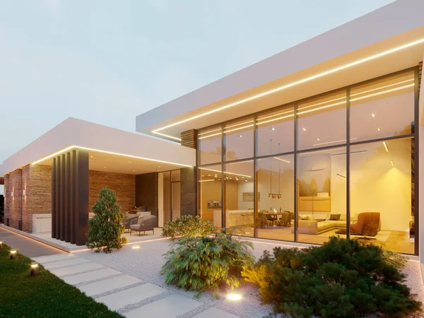 Visualização Uma Casa Moderna Com Quintal Uma Garagem Arquitetura Moderna — Fotografia de Stock
