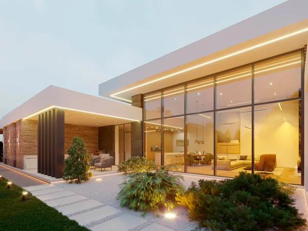 Bahçesi ve garajı olan modern bir evin 3 boyutlu görüntüsü. Modern mimari