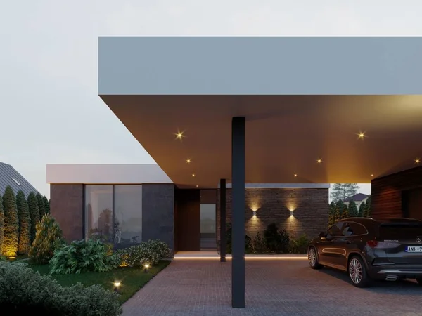 3D visualization of a modern house with a yard and a carport. Modern architecture