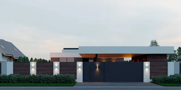 3D visualization of a modern house with a yard and a carport. Modern architecture