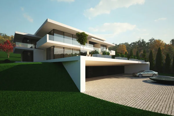 Visualização Moradia Relevo Casa Com Janelas Panorâmicas Grande Terraço Arquitetura — Fotografia de Stock