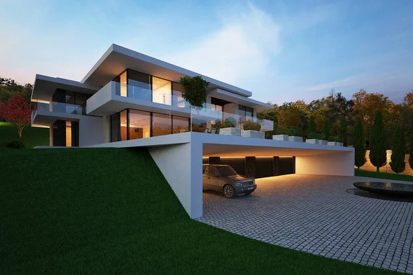 Visualização Moradia Relevo Casa Com Janelas Panorâmicas Grande Terraço Arquitetura — Fotografia de Stock