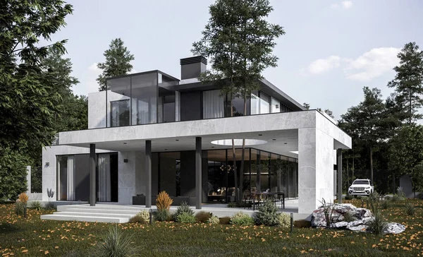 3D visualization of a luxury house with panoramic windows. Modern house architecture