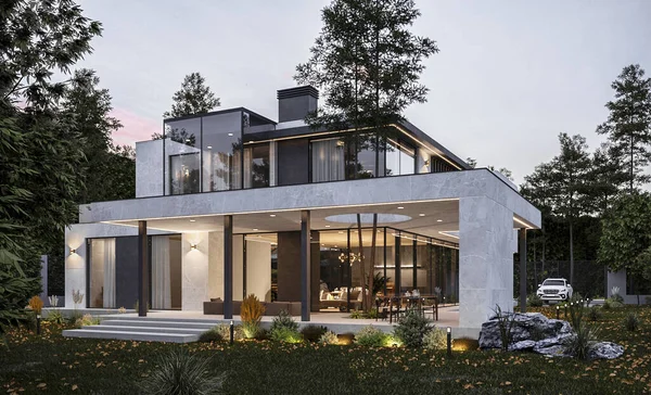 パノラマの窓のある豪華な家の3D可視化 近代住宅建築 — ストック写真