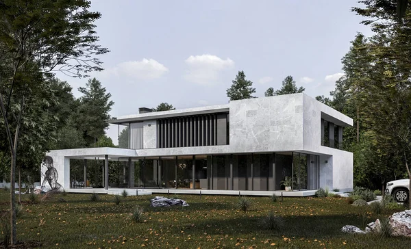 3D visualization of a luxury house with panoramic windows. Modern house architecture