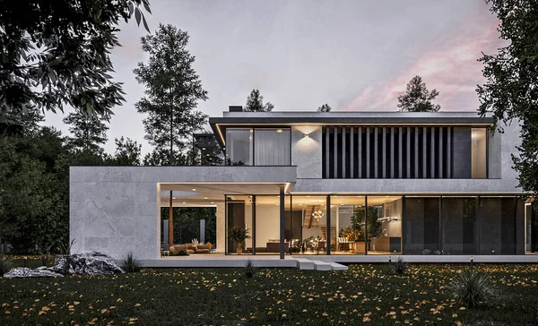 Panoramik pencereli lüks bir evin 3 boyutlu görüntüsü. Modern ev mimarisi