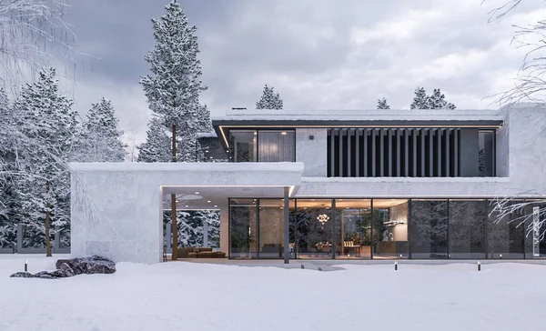 3D visualization of an elite house in the forest in winter. Snow on the site. Modern house architecture