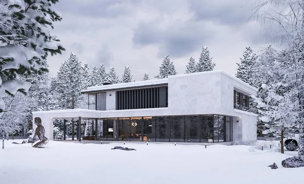 Visualisatie Van Een Elite Huis Het Bos Winter Sneeuw Site — Stockfoto