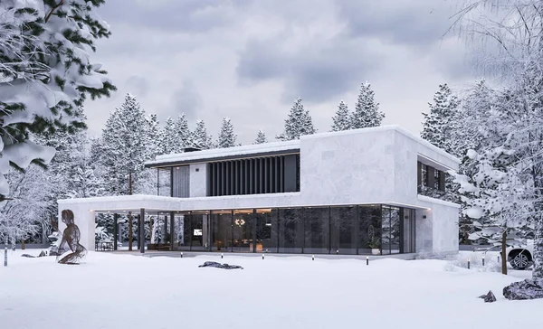 3D visualization of an elite house in the forest in winter. Snow on the site. Modern house architecture