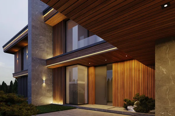 Visualização Uma Moradia Moderna Com Grande Terraço Arquitetura Luxo — Fotografia de Stock