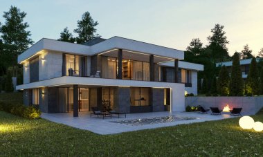 Terası ve garajı olan modern bir evin 3 boyutlu görüntüsü. Modern mimari