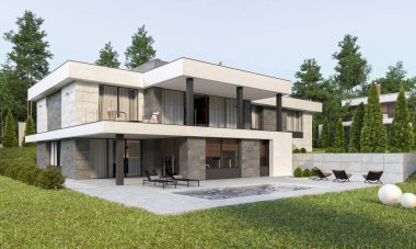 Terası ve garajı olan modern bir evin 3 boyutlu görüntüsü. Modern mimari