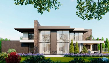 Teraslı ve panoramik pencereli bir evin 3 boyutlu görüntüsü. lüks mimari