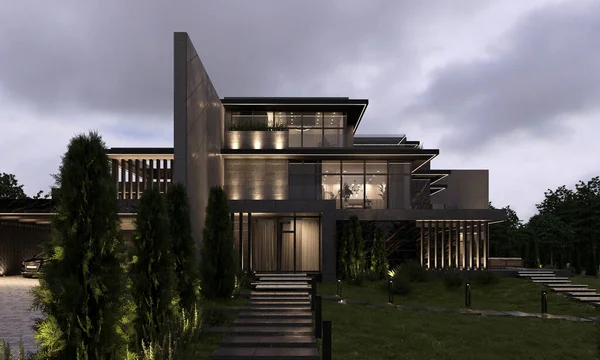 现代房屋的三维可视化 夜间照明 大窗户和平台 — 图库照片