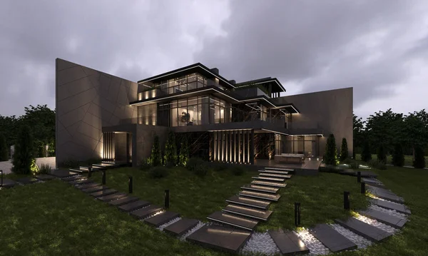 Visualização Uma Casa Moderna Com Iluminação Noturna Grandes Janelas Terraço — Fotografia de Stock
