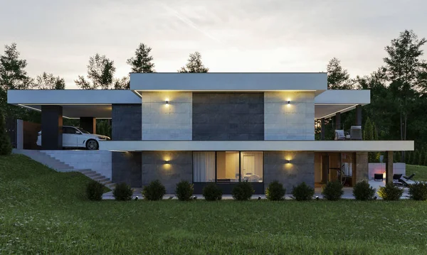 Terası ve garajı olan modern bir evin 3 boyutlu görüntüsü. Modern mimari