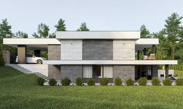 Visualisation Une Maison Moderne Sur Relief Avec Une Terrasse Abri — Photo