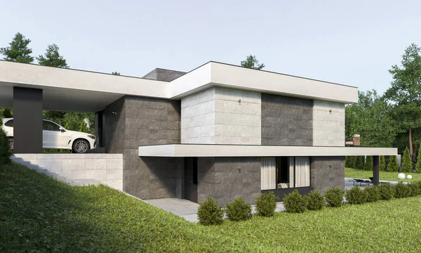 3D visualization of a modern house on a relief with a terrace and a carport. Modern architecture