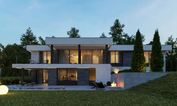 3D visualization of a modern house on a relief with a terrace and a carport. Modern architecture