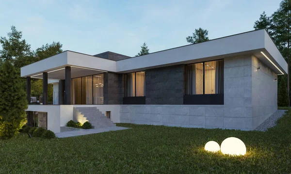 3D visualization of a modern house on a relief with a terrace and a carport. Modern architecture