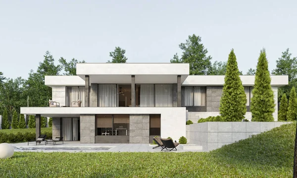 3D visualization of a modern house on a relief with a terrace and a carport. Modern architecture