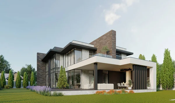 Visualisierung Eines Hauses Mit Terrasse Und Panoramafenstern Luxusarchitektur — Stockfoto