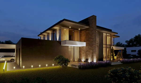 Visualisierung Eines Hauses Mit Terrasse Und Panoramafenstern Luxusarchitektur — Stockfoto