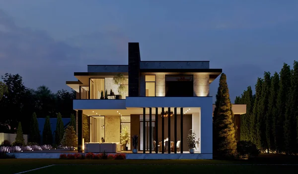 Visualização Uma Casa Com Terraço Janelas Panorâmicas Arquitetura Luxo — Fotografia de Stock